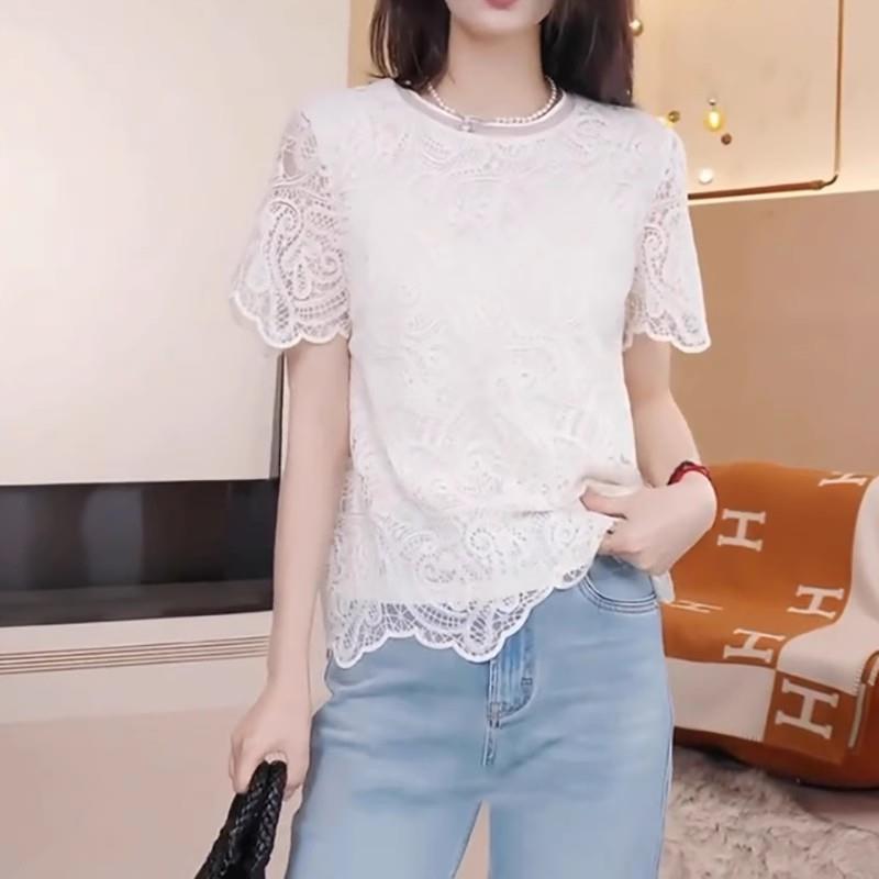 大码高级感洋气蕾丝短袖T恤女2025夏季新款宽松显瘦独特别致上衣