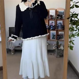 冬季 大碼 女裝 設計感撞色娃娃領木耳邊毛衣針織衫 胖mm顯瘦遮肉上衣