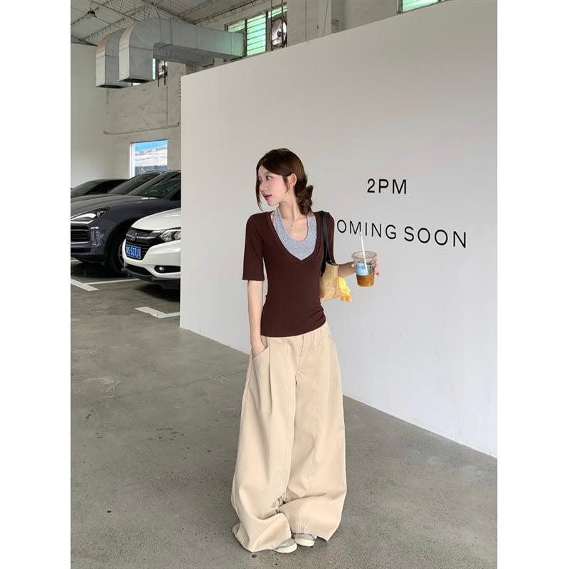 咖色韩系假两件拼接挂颈短袖T恤女装夏季设计感小众短款辣妹上衣