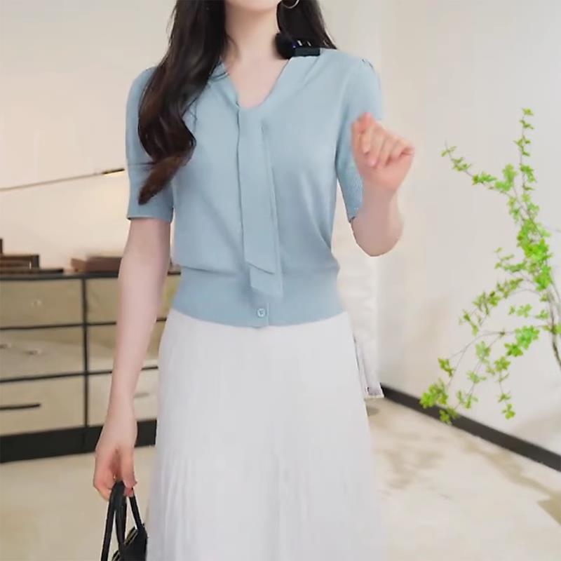 胖MM大码女装宽松遮肉上衣2025新款欧货系带冰丝V领短袖针织衫T恤