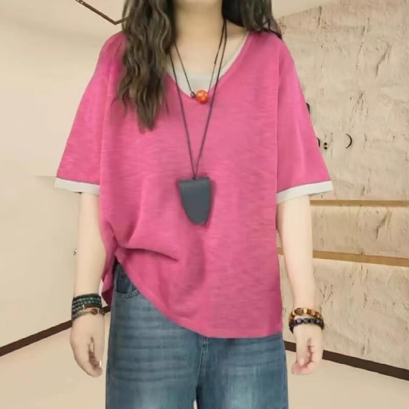 胖MM大码女装假两件撞色正肩短袖T恤2025新款微胖减龄百搭上衣潮