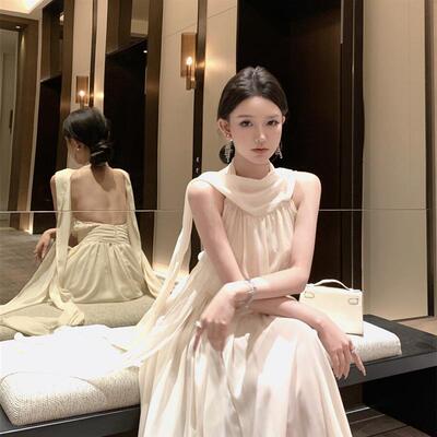 飘带仙气法式气质性感露背无袖度假长裙连衣裙2025夏季新款女装