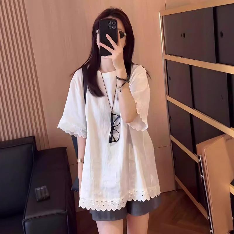 大码白色蕾丝花边正肩短袖T恤女夏季新款胖mm宽松中长款体恤上衣