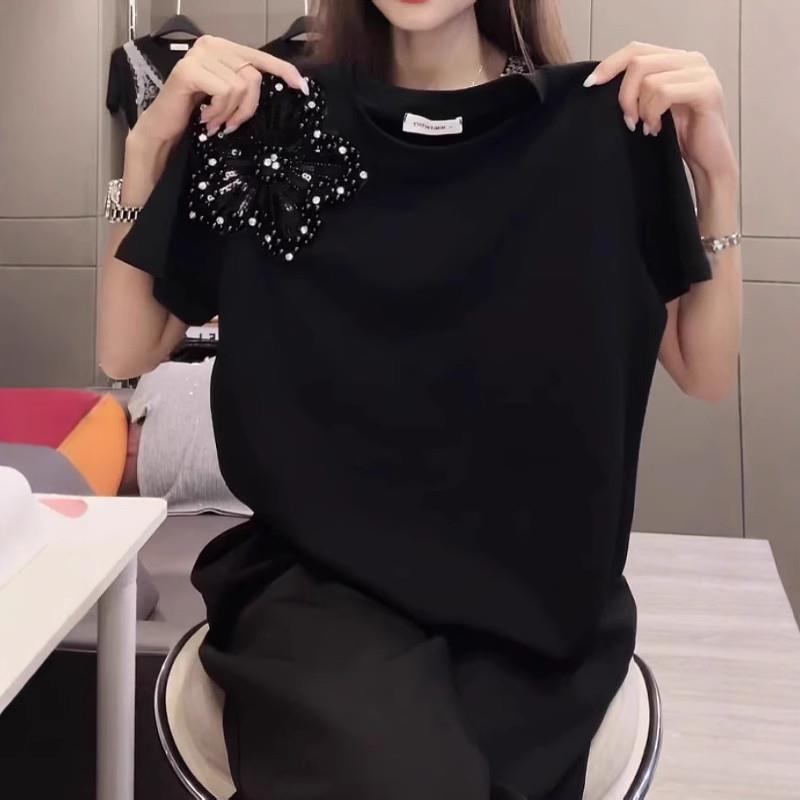 大码重工烫钻短袖T恤女夏季新款胖mm宽松显瘦设计感小众正肩上衣