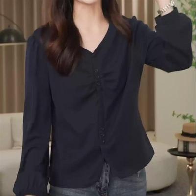 安可拉红气质V领衬衫女2025春季新款大码胖mm宽松显瘦高级感上衣