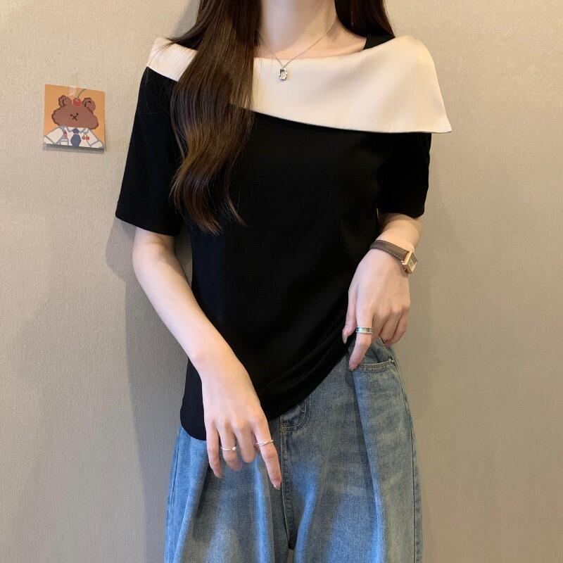大码法式一字肩短款上衣胖mm遮肚显瘦撞色冰丝针织短袖t恤女夏季