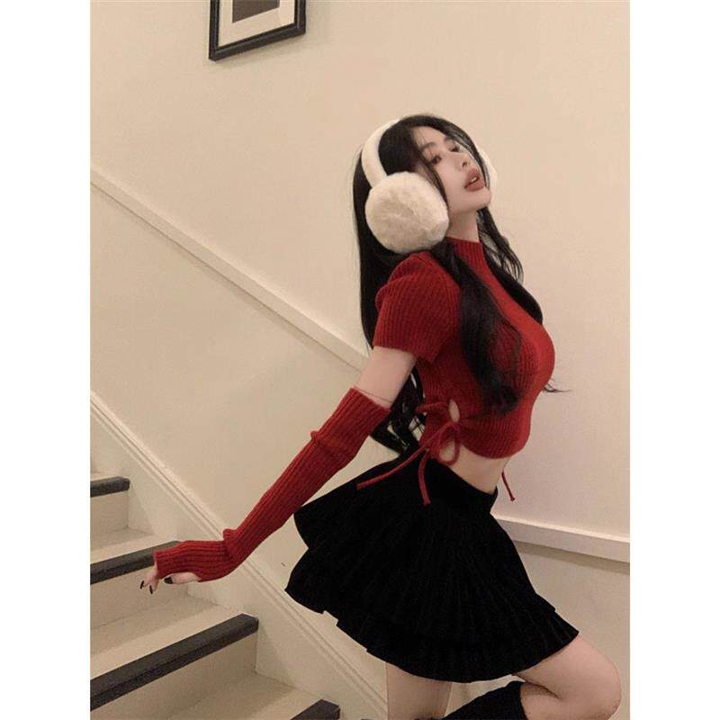 纯欲红色长袖针织衫上衣女装冬季新款辣妹设计感抽绳袖套短款毛衣