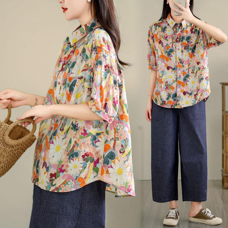 大码2024新款短袖衬衫女日系复古小清新设计感小众胖妹妹夏季衬衣