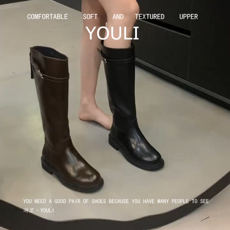 法式复古圆头粗跟长筒靴女