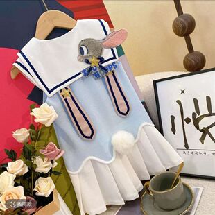 女童学院风海军领连衣裙夏装新款兔子警官刺绣百褶无袖洋气公主裙