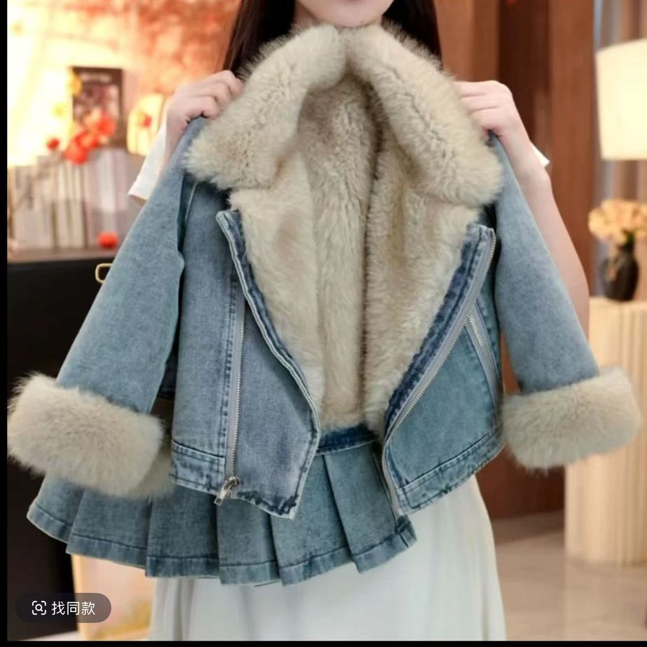 女童套装冬季新款儿童洋气时髦加毛保暖牛仔外套加厚百褶裙两件套