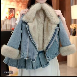 儿童洋气时髦加毛保暖牛仔外套加厚百褶裙两件套 新款 女童套装 冬季