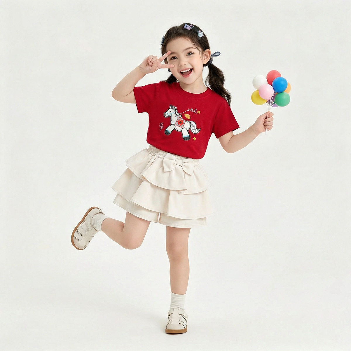 女童夏季小马刺绣短袖T恤蛋糕裙两件套可爱洋气时尚女孩新款套装