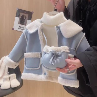 女童加厚加绒娃娃领外套冬季新款洋气时尚长袖保暖洋气一体绒外套