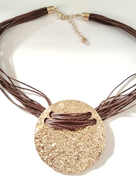 欧美民族风夸张圆形吊坠项链个性女锁骨多层棕色绳项饰品短款潮02