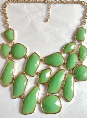 气质绿色树脂钻夸张项链时尚欧美流行饰品镀金色镶嵌几何短款潮人