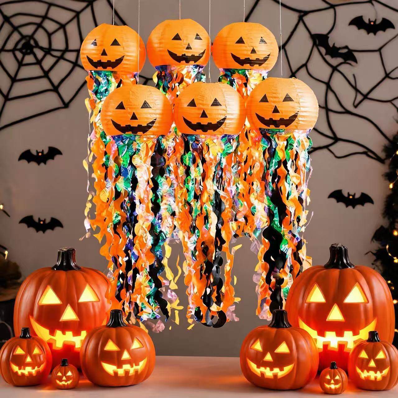 跨境万圣节南瓜水母灯笼流苏挂饰 halloween主题节日派对氛围布置