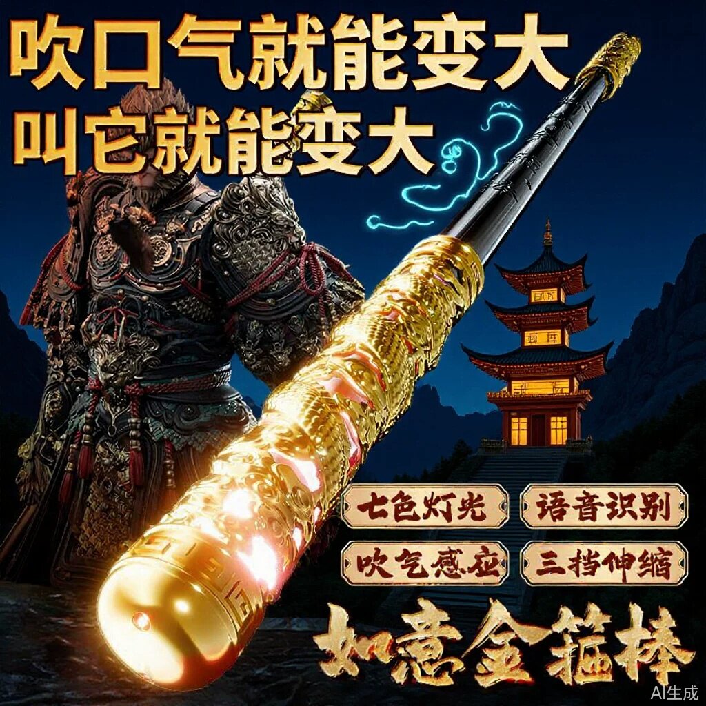 孙悟空发光如意金箍棒自动伸缩声控神话双头光剑圆月弯刀声光玩具