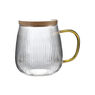 耐热玻璃茶杯条纹水杯带盖勺子家用牛奶泡咖啡杯办公室泡花茶杯子
