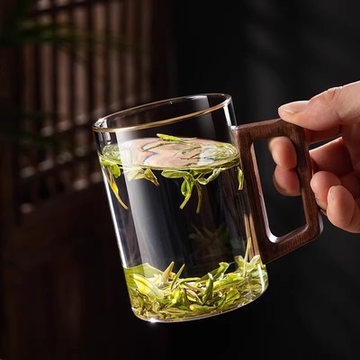 玻璃茶杯套装家用客厅耐高温金边水杯大容量木把待客透明玻璃杯子