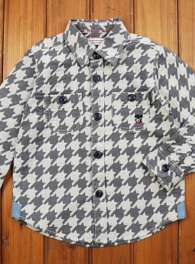 现货日系春秋款男女童灰色千鸟格黑熊头刺绣长袖纯棉衬衣衬衫罩衣