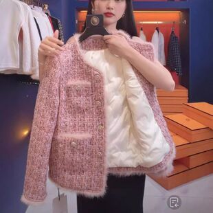 粉色小香风厚外套女秋冬新款爆款高端精致女士短款加绒加厚