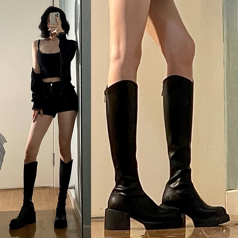 长靴女不过膝高跟厚底V口骑士靴粗跟高筒弹力瘦瘦靴小个子长筒靴