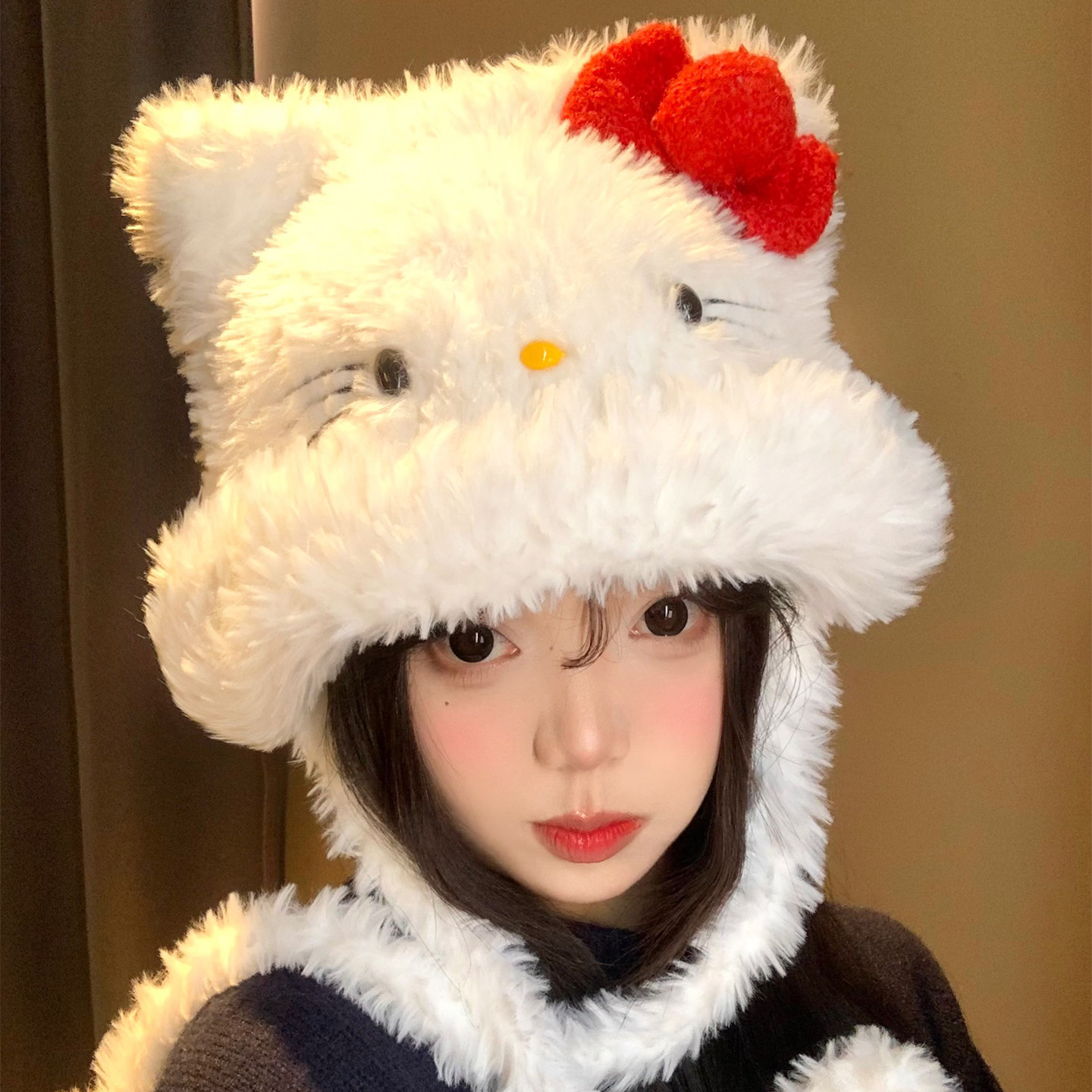 可爱蝴蝶结猫咪耳朵毛绒针织帽女