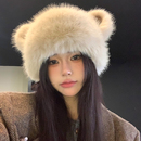 可爱小熊毛绒帽女秋冬季 显脸小护耳帽加绒保暖蒙古东北帽子 韩版