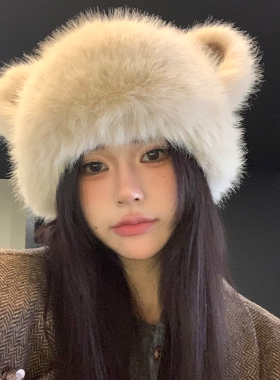 可爱小熊毛绒帽女秋冬季