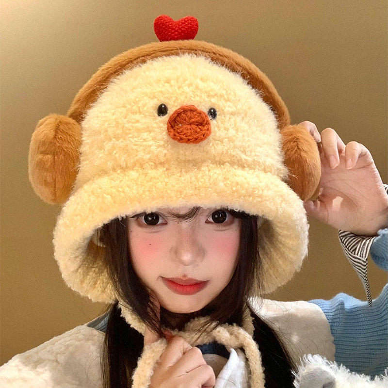 可爱小黄鸡毛绒针织帽女秋冬季显脸小毛线帽保暖防寒护耳雷锋帽子