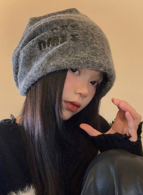 含羊毛灰色堆堆帽女秋冬季