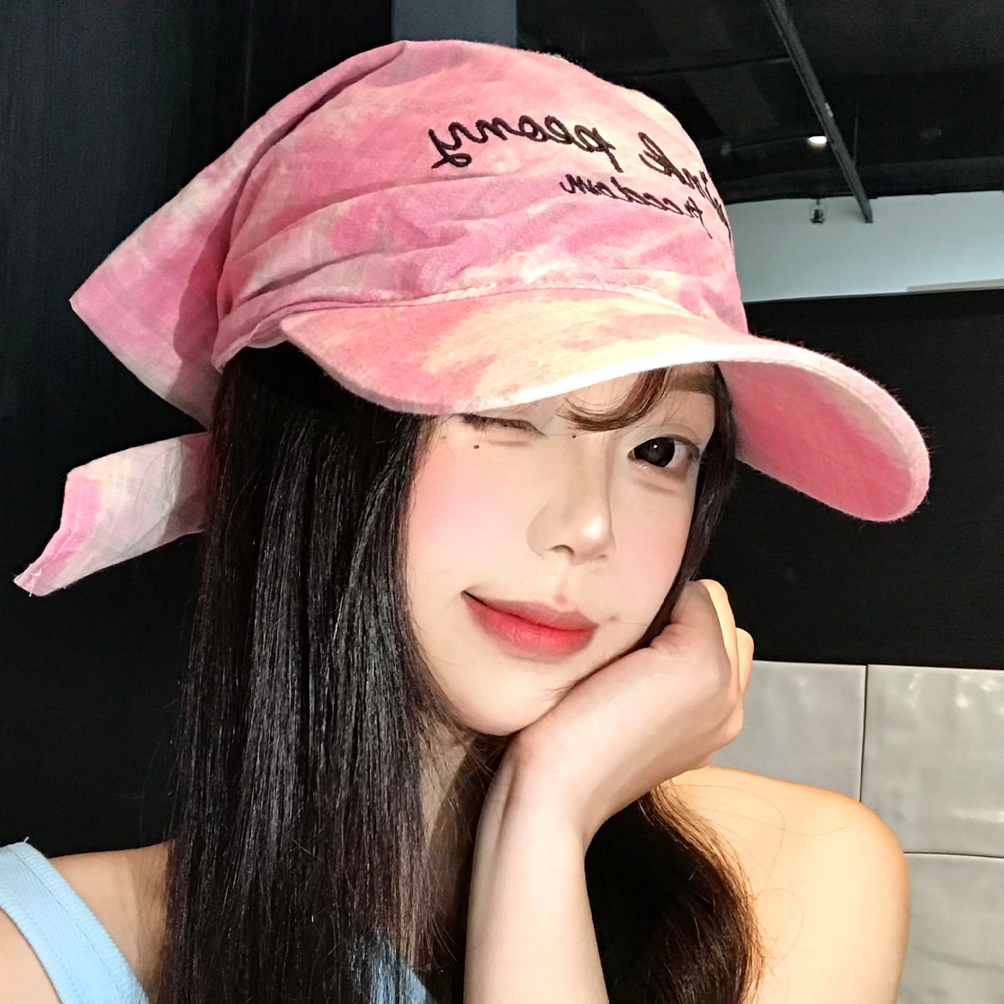 粉色晕染格子头巾帽子女夏季嘻哈小众个性绑带显脸小时髦鸭舌帽潮