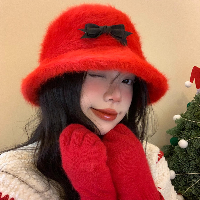 蝴蝶结兔毛渔夫帽韩版显脸小