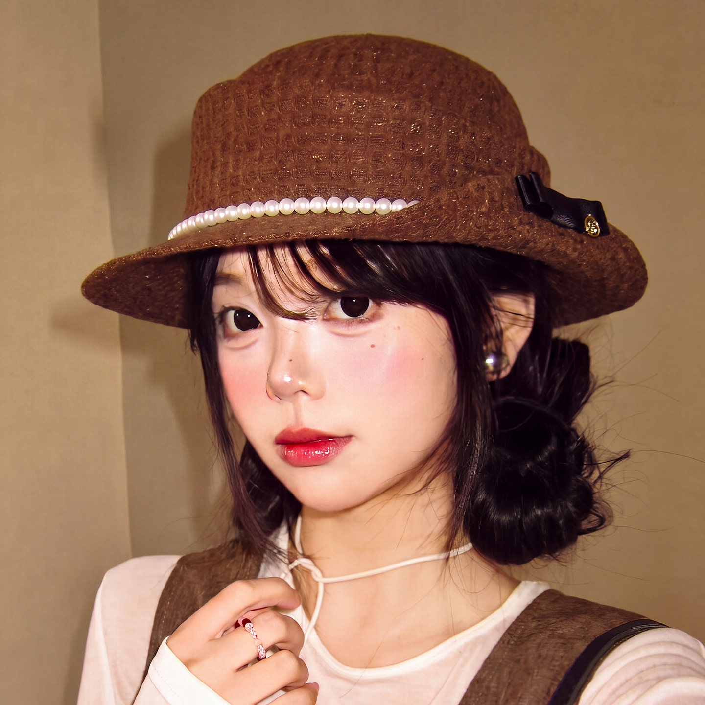 咖色珍珠蝴蝶结礼帽女秋季法式复古富家千金帽子显脸小卷边渔夫帽