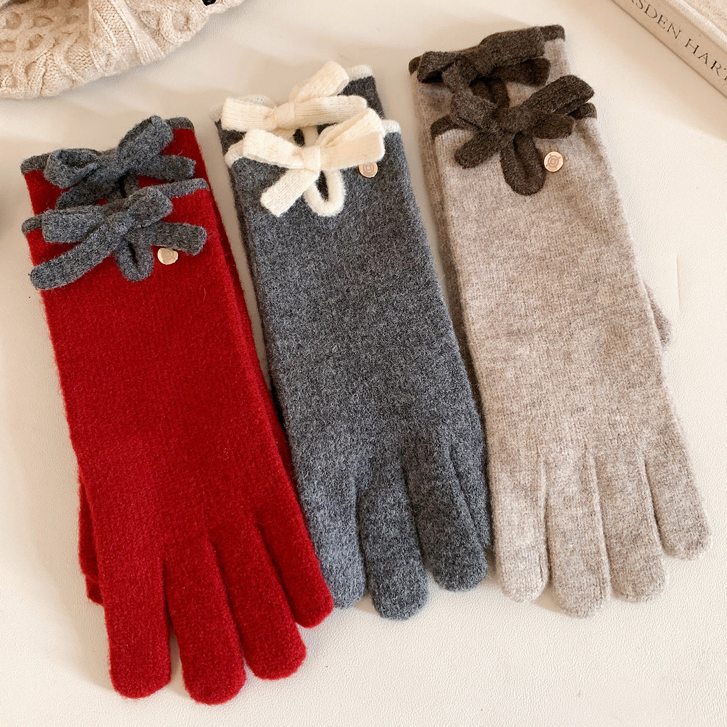 韩系气质蝴蝶结针织毛线手套女秋冬季保暖防寒露指可触屏五指分指