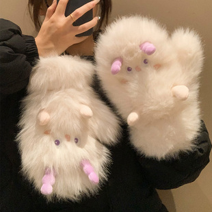 可爱毛茸茸冬季手套女生骑行骑车防寒保暖可挂脖加绒加厚毛绒连指