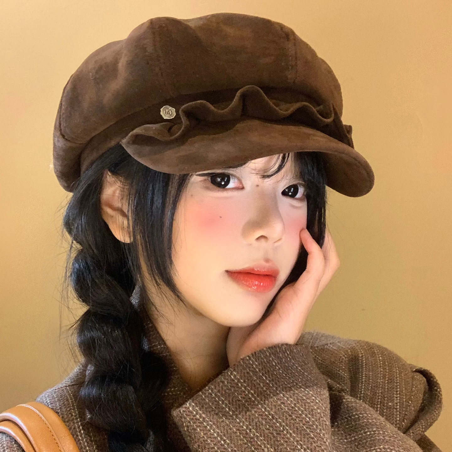 麂皮绒褶皱边贝雷帽美拉德复古