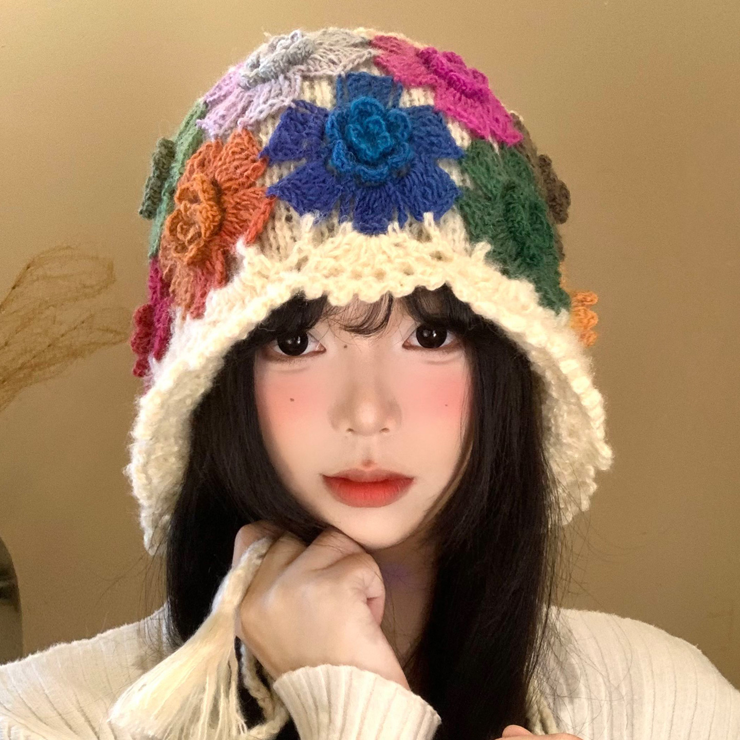彩色手工钩针花朵流苏包头帽保暖