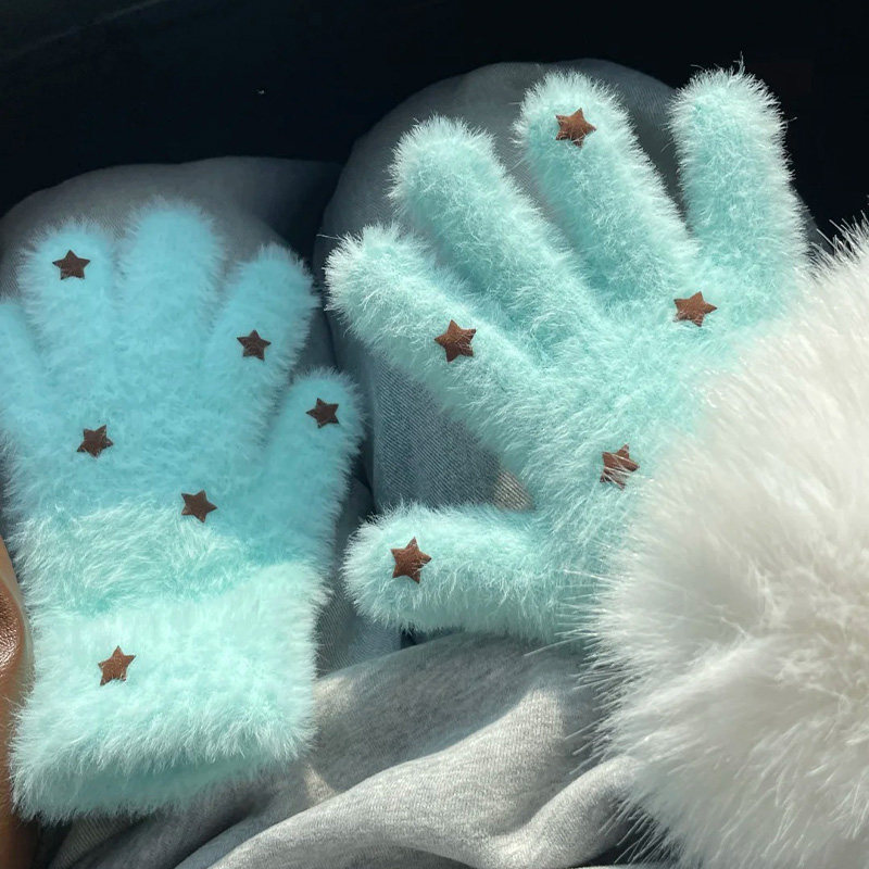 冰岛蓝可爱星星毛绒针织手套女冬