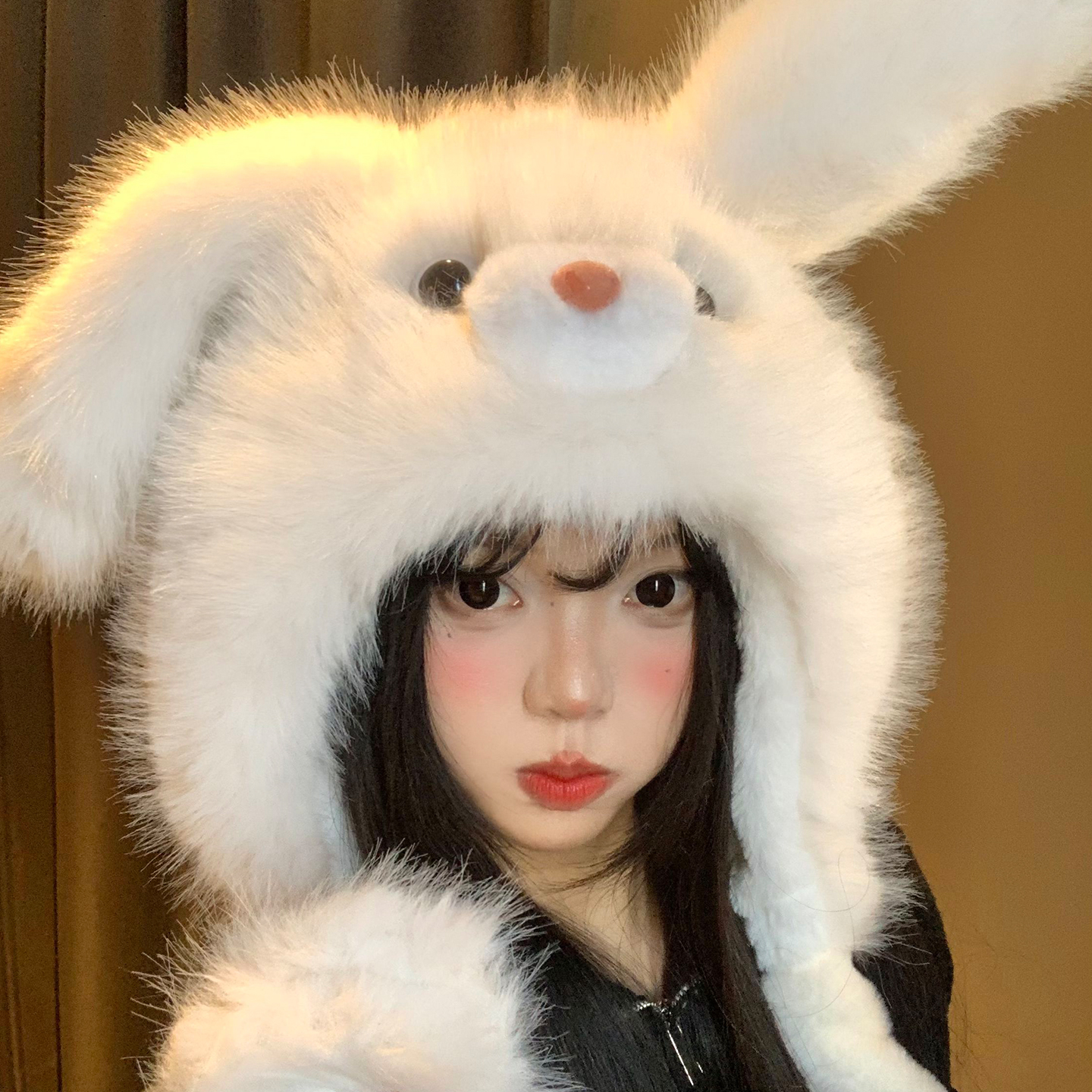 耳朵会动~可爱兔耳朵毛绒帽女冬