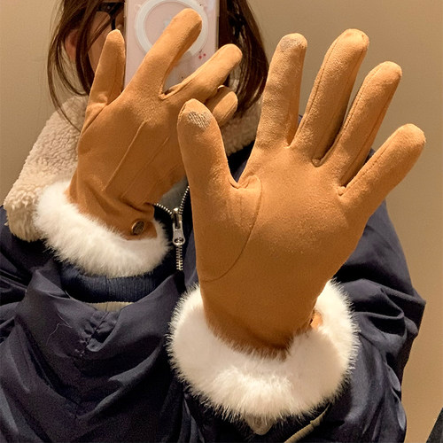 麂皮绒棕色分指毛绒手套女