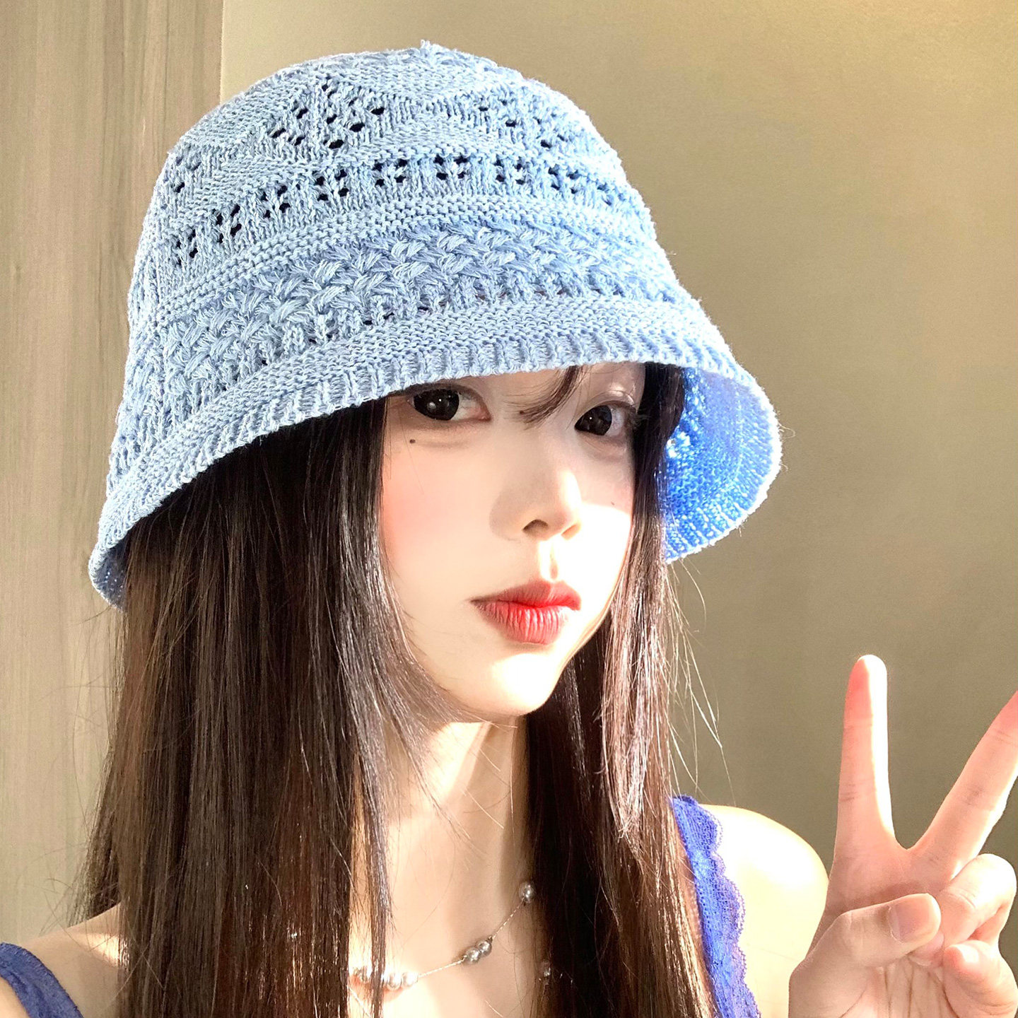 蓝色镂空针织渔夫帽女春夏薄款透气百搭显脸小水桶帽遮阳防晒帽子
