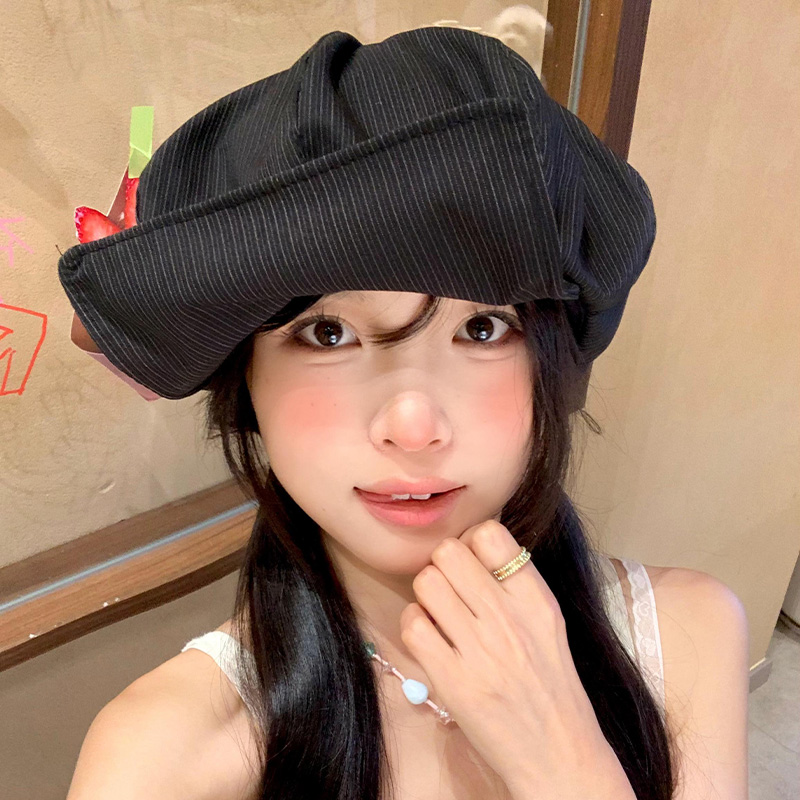 秋冬新款黑色条纹翻檐贝雷帽女百搭显脸小报童帽子覆古大头0906z