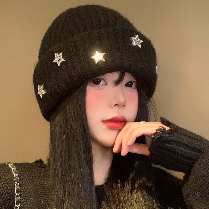 星星黑色针织帽女冬季韩版显脸小包头冷帽加厚保暖大头围毛线帽子