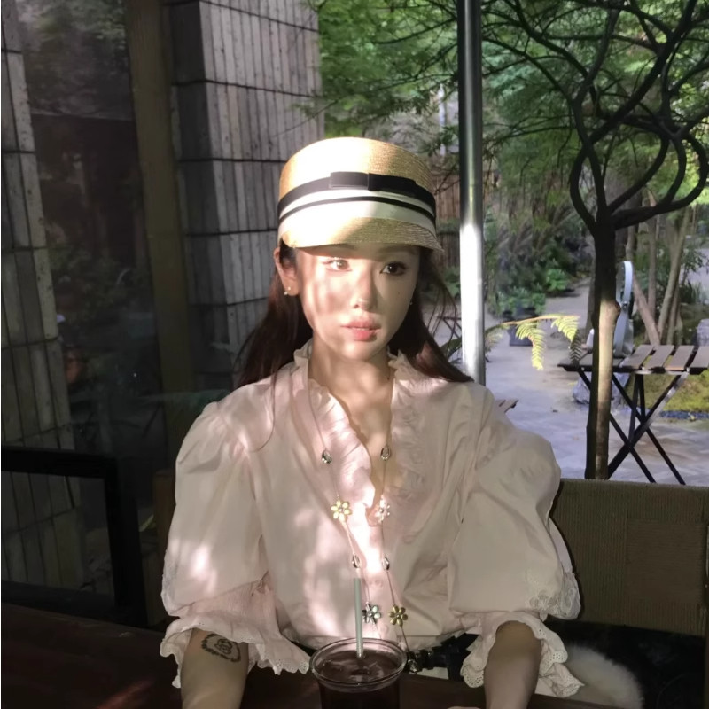 易梦玲同款法式草编蝴蝶结平顶马术帽女夏季度假防晒遮阳草帽礼帽