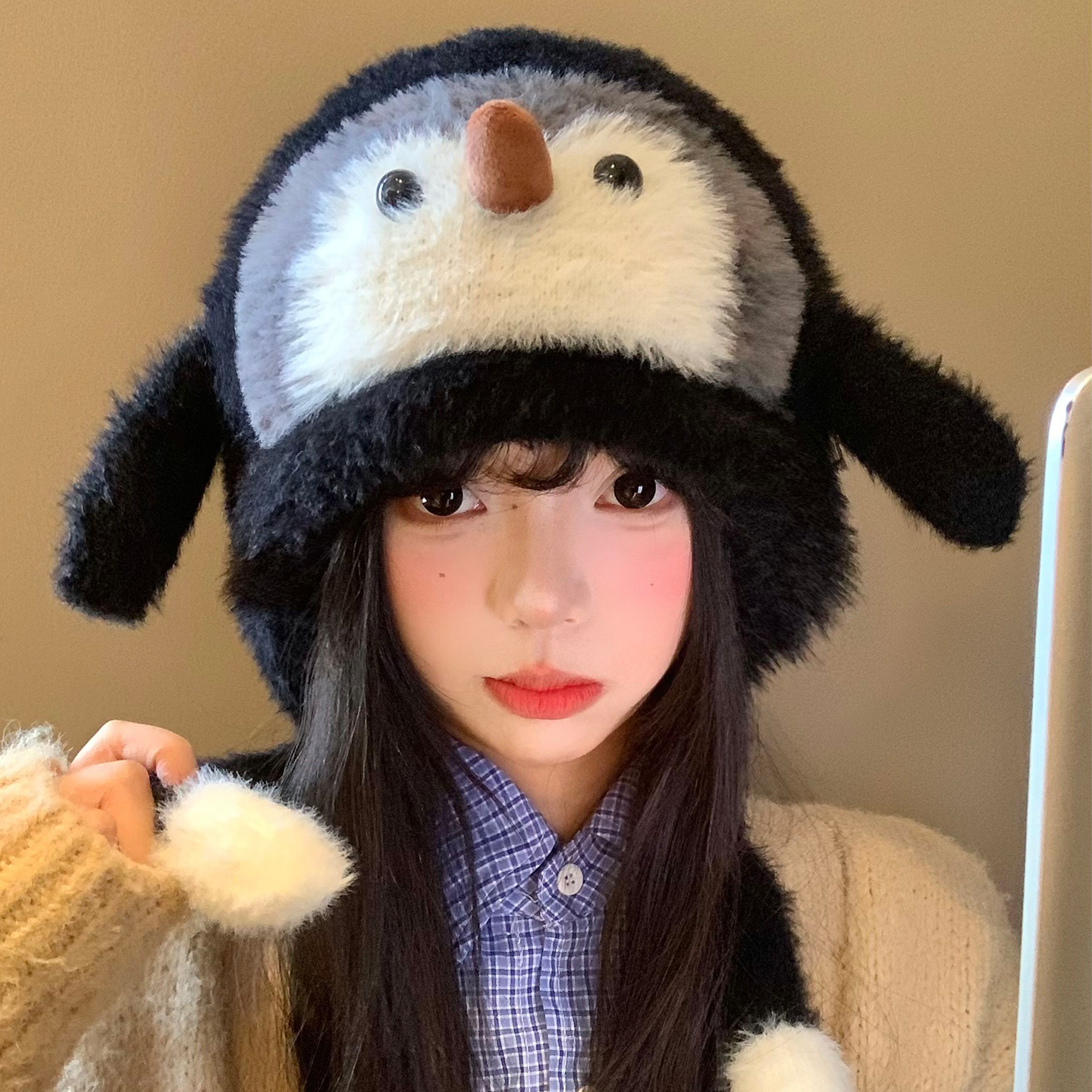 捏捏会响~可爱小企鹅毛绒帽子