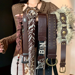 复古西部风棕色铆钉腰带女小众设计花朵腰绳配裙子牛仔裤 腰封配饰