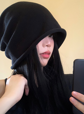 虞书欣同款帽子女秋冬季百搭大头围黑色卷边堆堆帽显脸小包头冷帽