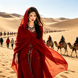 红色民族风丝巾女外搭2026新款大西北敦煌沙漠旅游防晒披肩披风